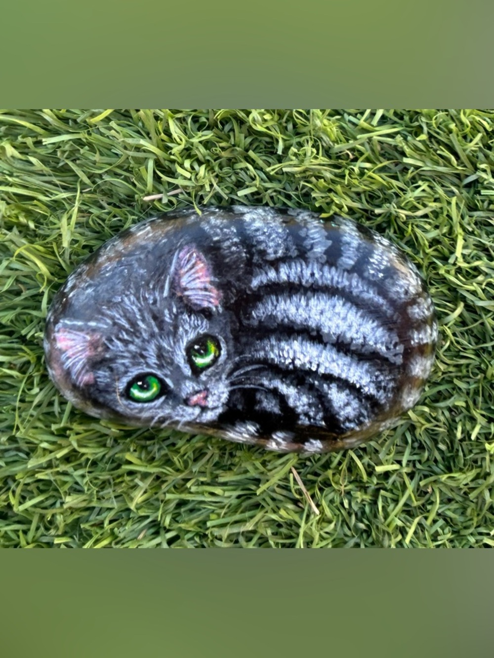 Hand-Painted striped black, gray and white Cat pet Rock painting with Green Eyes
